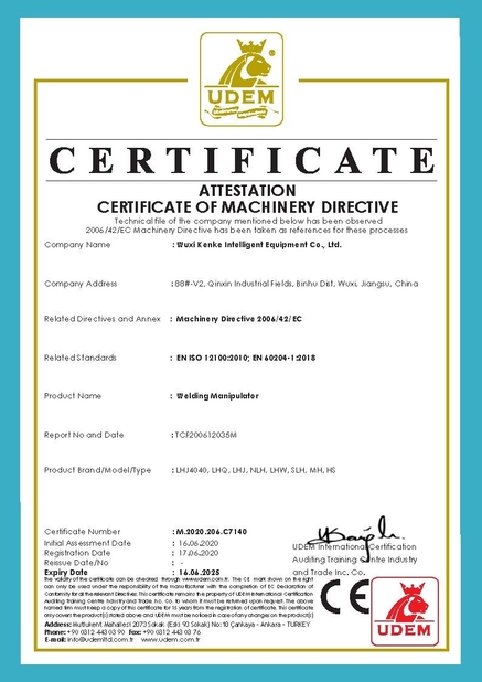 China WUXI KENKE INTELLIGENT EQUIPMENT CO.,LTD. Certification